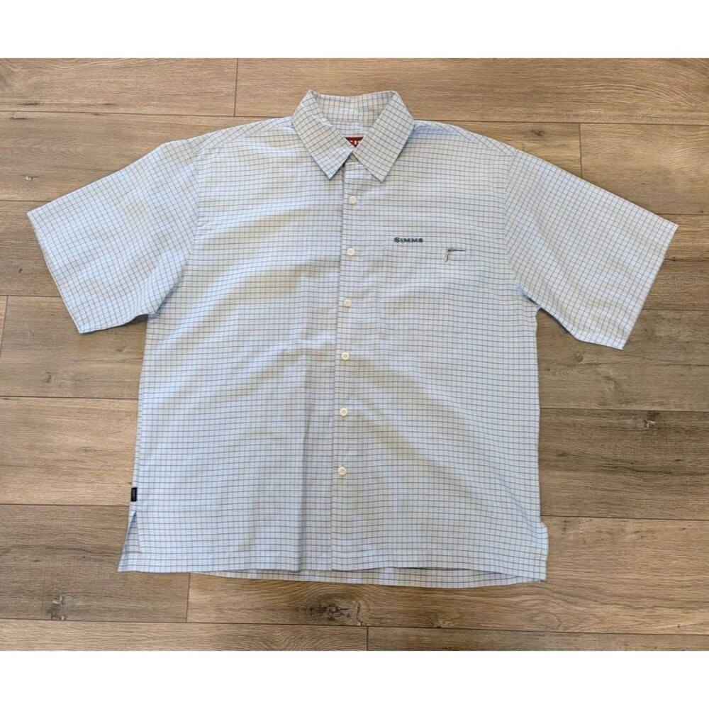 Simms Button Down Fishing Shirt Mens L 3XDRY Plaid Zip Pocket Camp Outdoor